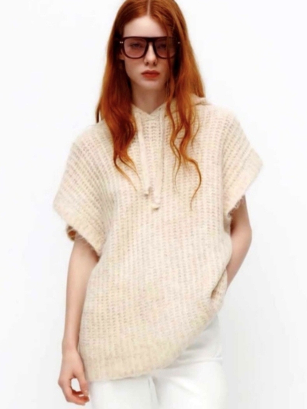 Zara Knit Short Sleeve Hoodie Sweater Cream Drawstring Size Medium (Oversized)